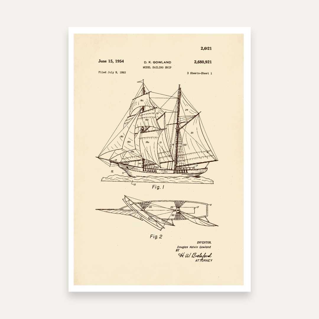 Vintage 1954 Sailing Ship Patent Print | Vertical Parchment Framed Wall Art 2 : 3 Vertical Premium Wall Art Canvas by MeriDeewar