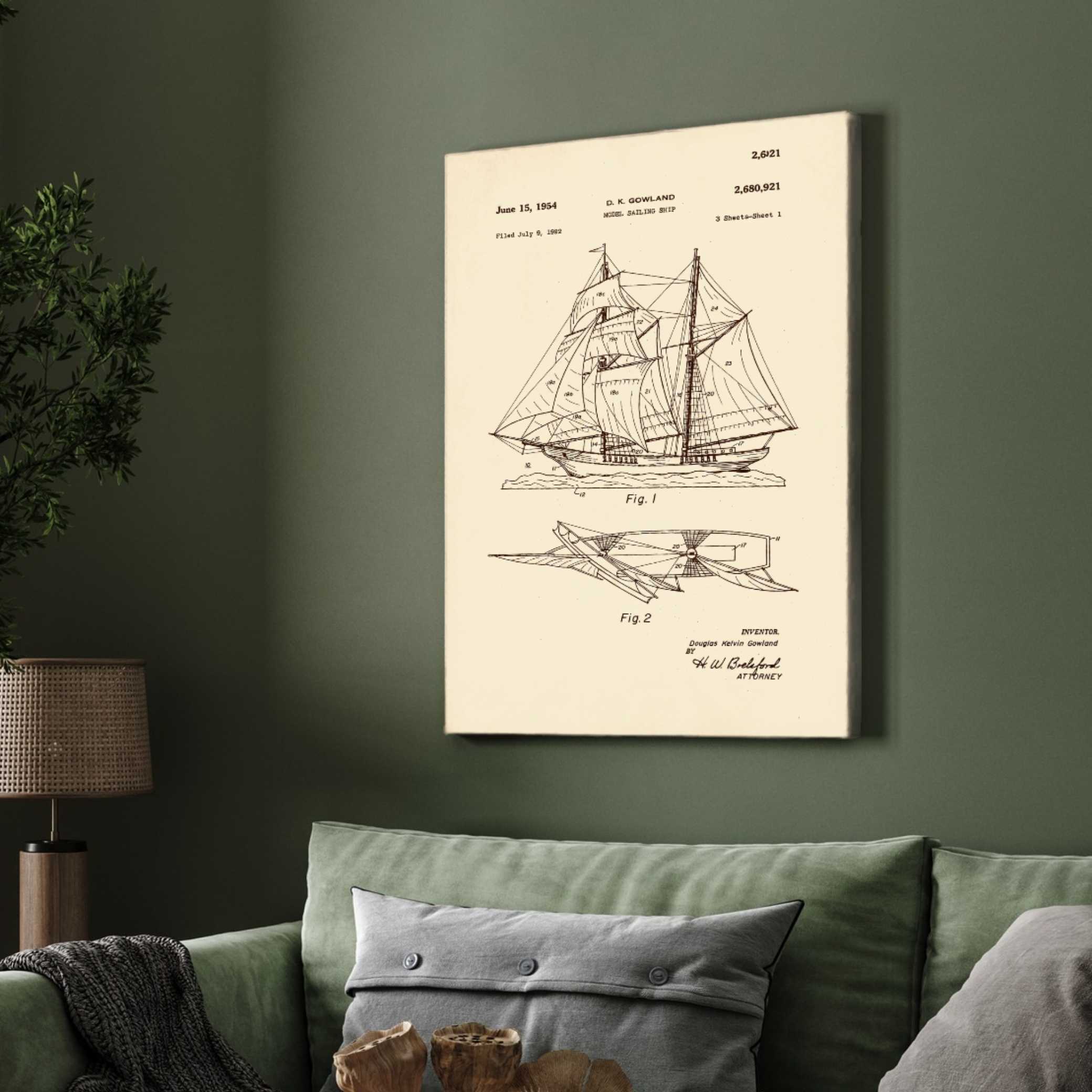 Vintage 1954 Sailing Ship Patent Print | Vertical Parchment Framed Wall Art 2 : 3 Vertical Premium Wall Art Canvas by MeriDeewar