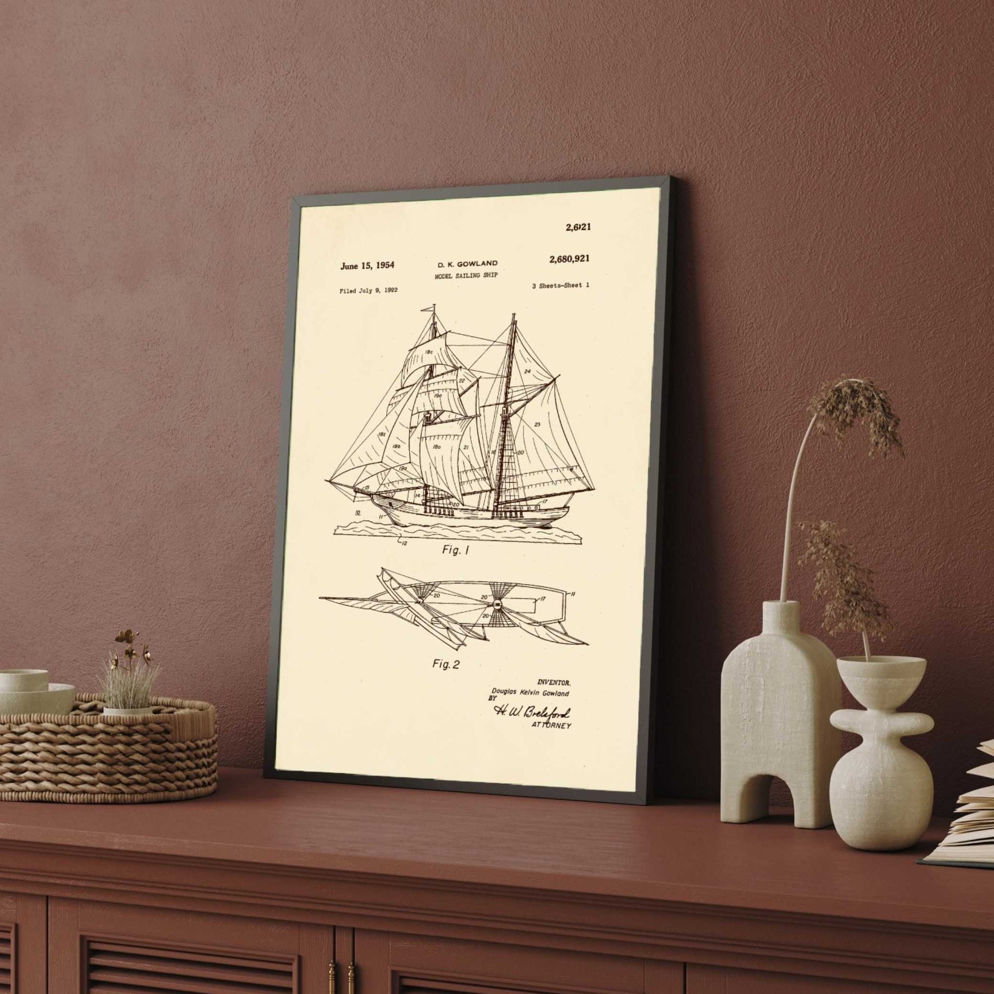 Vintage 1954 Sailing Ship Patent Print | Vertical Parchment Framed Wall Art 2 : 3 Vertical Premium Wall Art Canvas by MeriDeewar