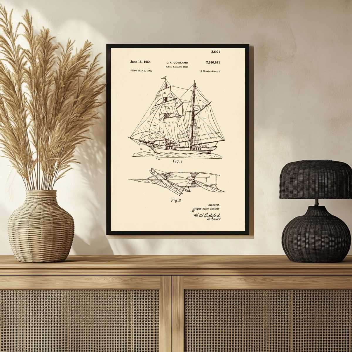 Vintage 1954 Sailing Ship Patent Print | Vertical Parchment Framed Wall Art 2 : 3 Vertical Premium Wall Art Canvas by MeriDeewar