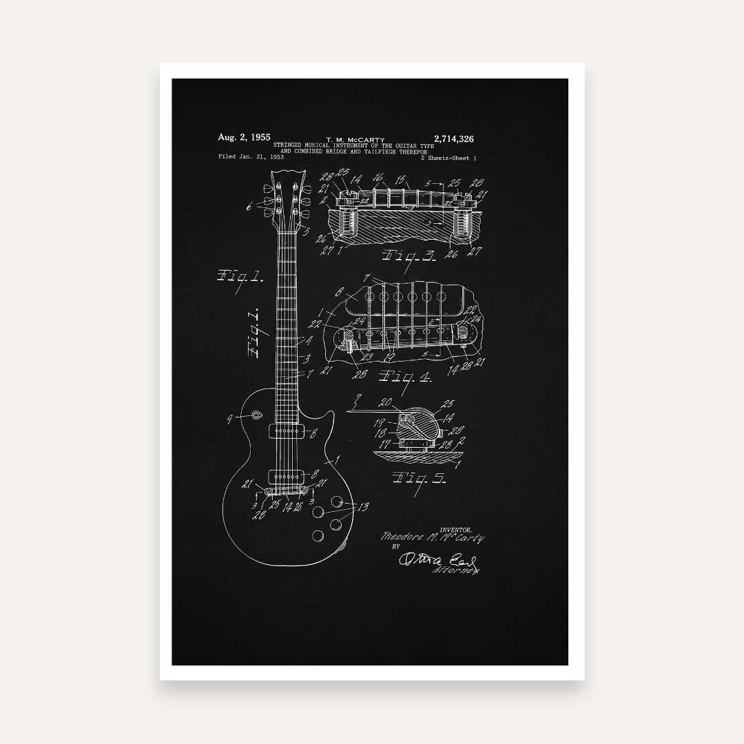 Vintage 1955 Electric Guitar Patent Print | Vertical Chalkboard Framed Wall Art 2 : 3 Vertical Premium Wall Art Canvas by MeriDeewar