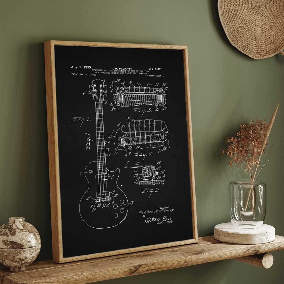 Vintage 1955 Electric Guitar Patent Print | Vertical Chalkboard Framed Wall Art 2 : 3 Vertical Premium Wall Art Canvas by MeriDeewar