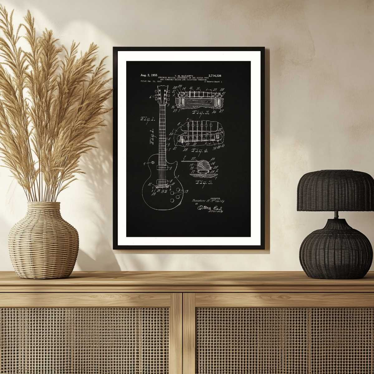 Vintage 1955 Electric Guitar Patent Print | Vertical Chalkboard Framed Wall Art 2 : 3 Vertical Premium Wall Art Canvas by MeriDeewar