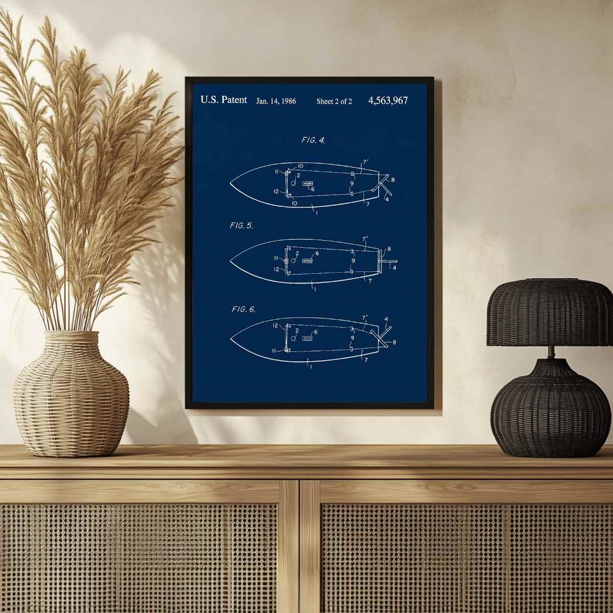 Vintage 1986 Watercraft Patent Print | Vertical Blueprint Framed Wall Art 2 : 3 Vertical Premium Wall Art Canvas by MeriDeewar