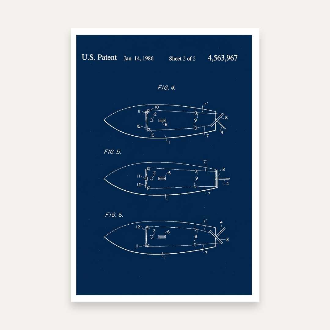 Vintage 1986 Watercraft Patent Print | Vertical Blueprint Framed Wall Art 2 : 3 Vertical Premium Wall Art Canvas by MeriDeewar