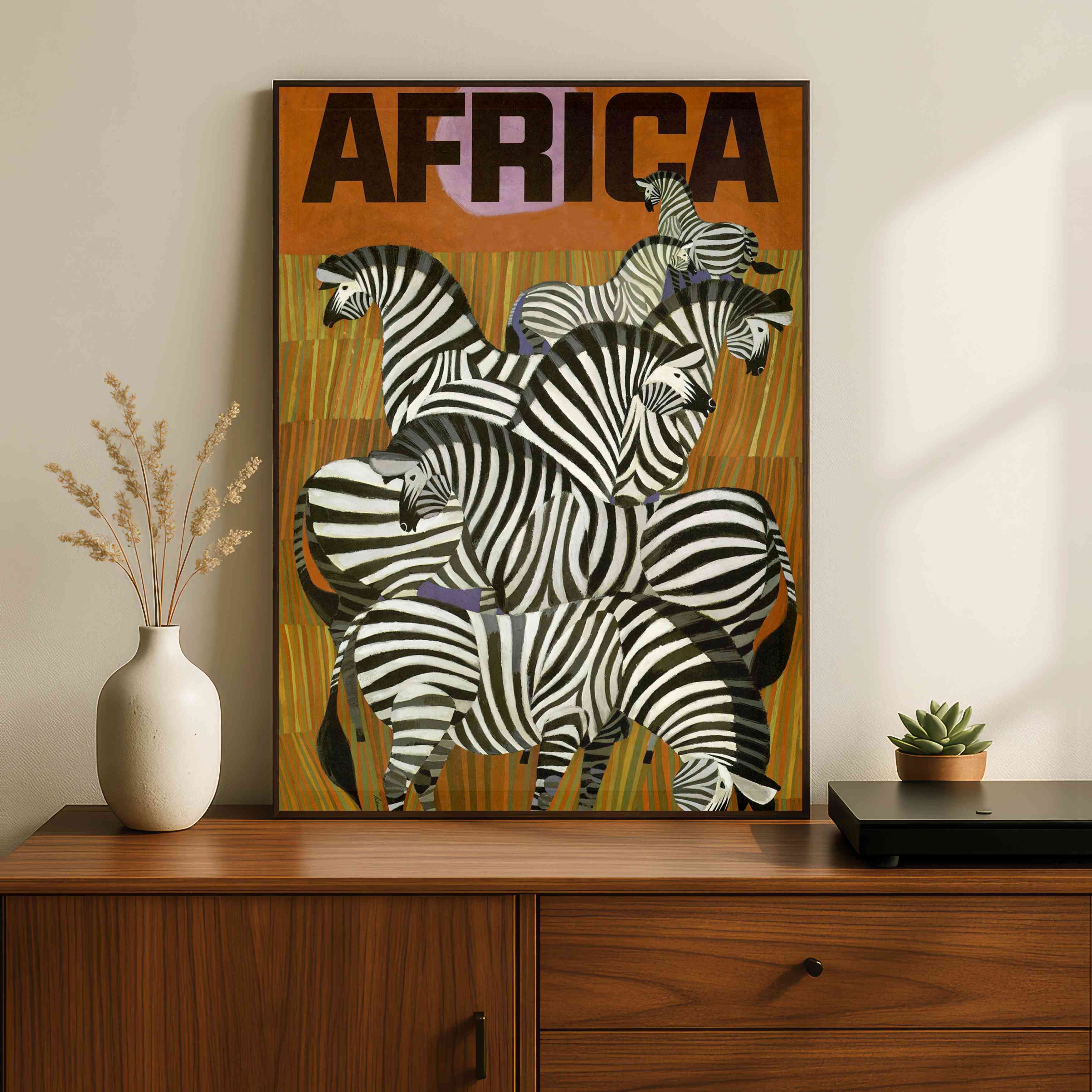 Vintage "Africa" Zebra Wildlife Poster | Vertical Borderless Art Frame Poster Premium Wall Art Canvas by MeriDeewar