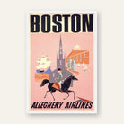 Vintage Allegheny Airlines "Boston" Travel Poster | Vertical Retro Paul Revere & Skyline White Framed Wall Art 2 : 3 Vertical Premium Wall Art Canvas by MeriDeewar