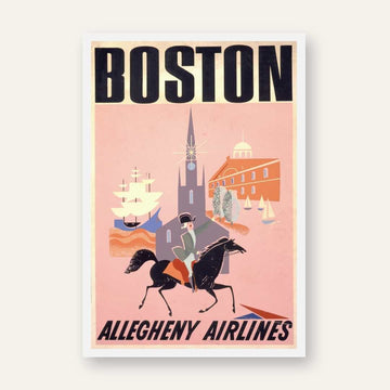 Vintage Allegheny Airlines "Boston" Travel Poster | Vertical Retro Paul Revere & Skyline White Framed Wall Art 2 : 3 Vertical Premium Wall Art Canvas by MeriDeewar