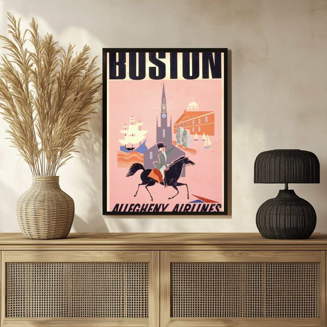 Vintage Allegheny Airlines "Boston" Travel Poster | Vertical Retro Paul Revere & Skyline White Framed Wall Art 2 : 3 Vertical Premium Wall Art Canvas by MeriDeewar