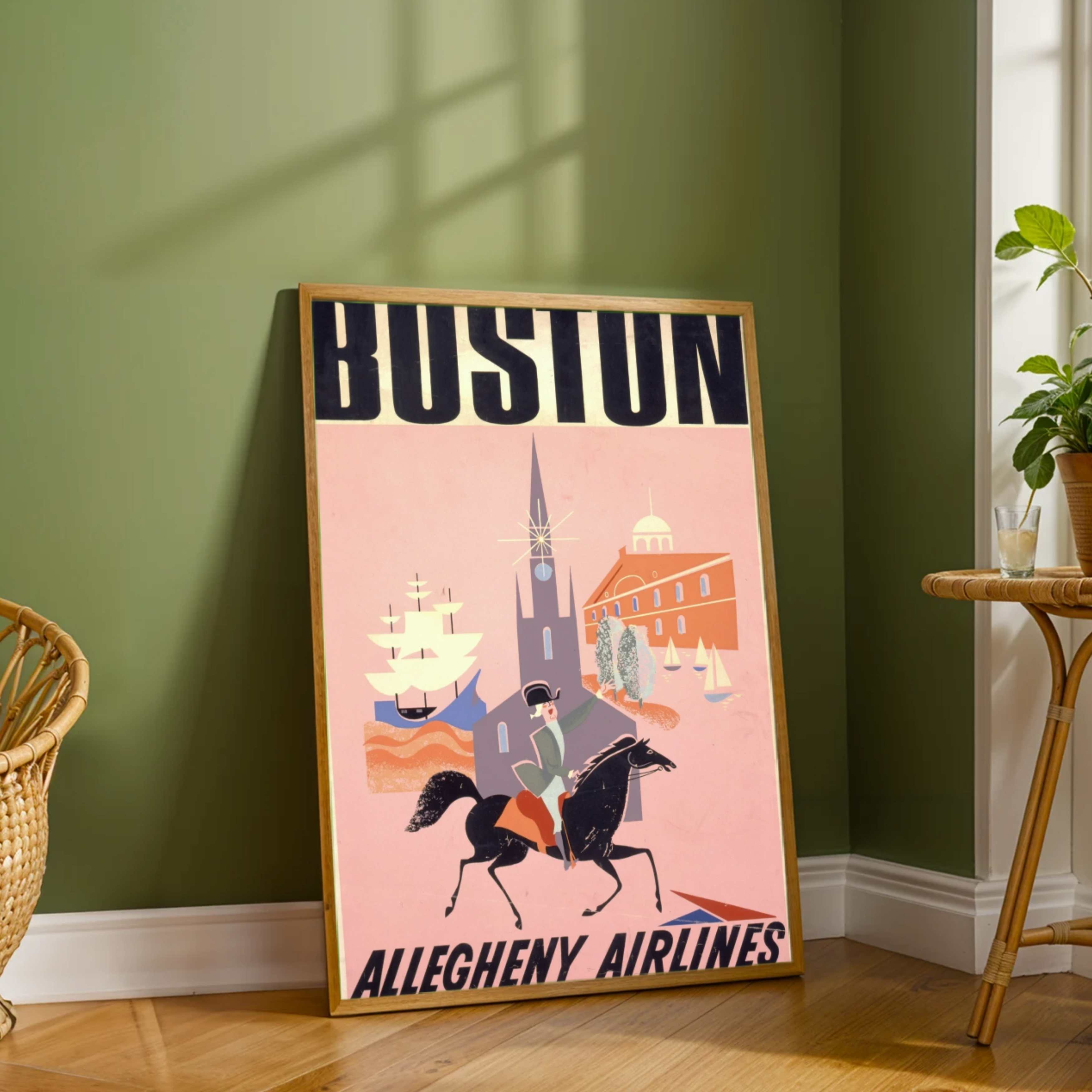 Vintage Allegheny Airlines "Boston" Travel Poster | Vertical Retro Paul Revere & Skyline White Framed Wall Art 2 : 3 Vertical Premium Wall Art Canvas by MeriDeewar