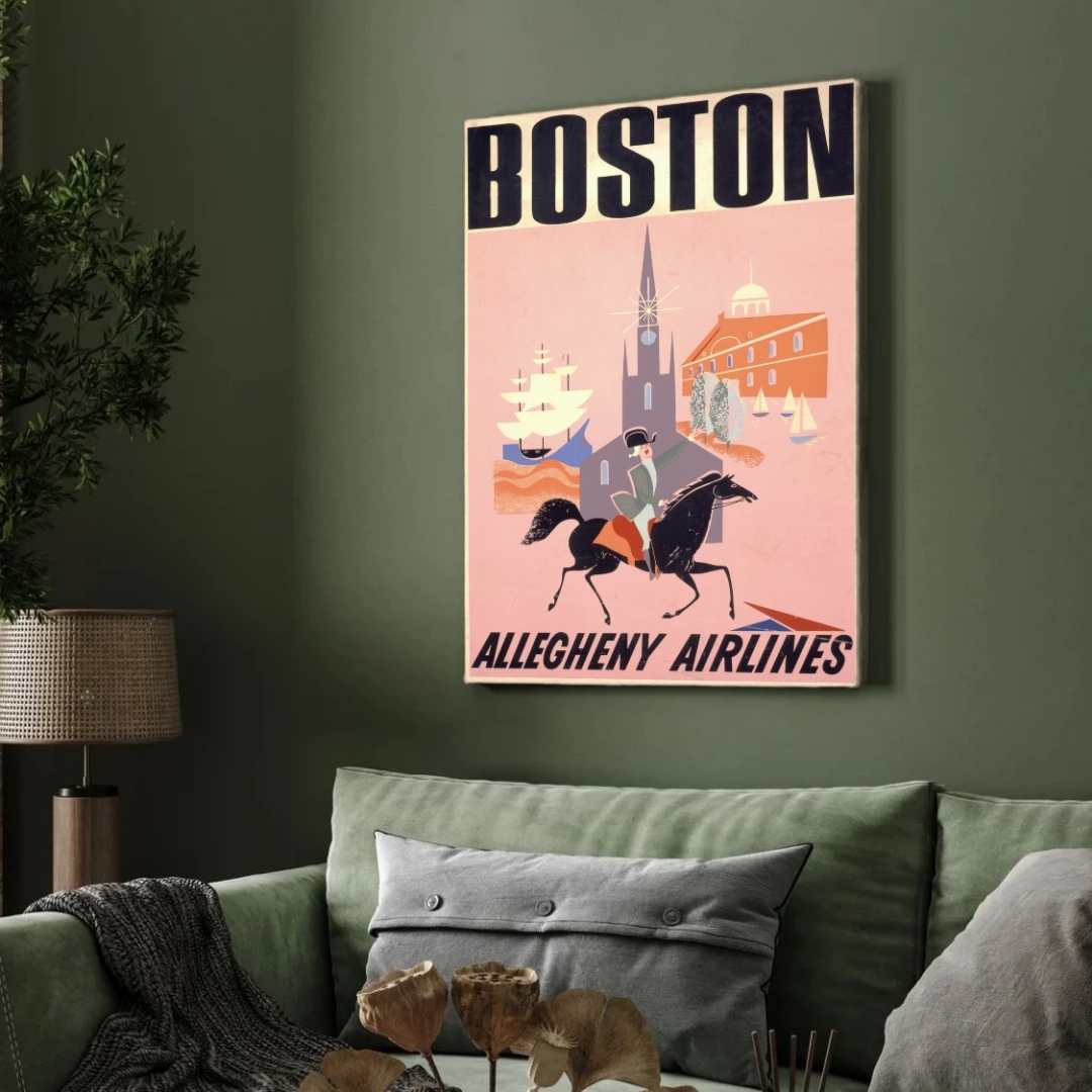 Vintage Allegheny Airlines "Boston" Travel Poster | Vertical Retro Paul Revere & Skyline White Framed Wall Art 2 : 3 Vertical Premium Wall Art Canvas by MeriDeewar