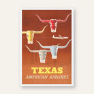 Vintage American Airlines "Texas" Travel Poster | Vertical Retro Longhorn Cattle & Skyline White Framed Wall Art 2 : 3 Vertical Premium Wall Art Canvas by MeriDeewar