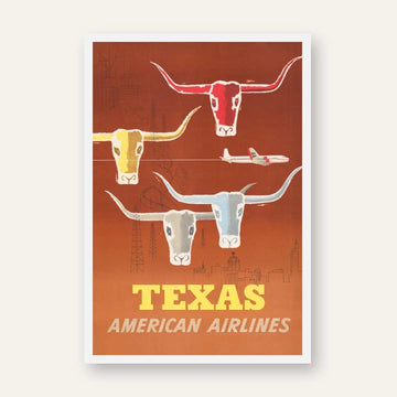 Vintage American Airlines "Texas" Travel Poster | Vertical Retro Longhorn Cattle & Skyline White Framed Wall Art 2 : 3 Vertical Premium Wall Art Canvas by MeriDeewar