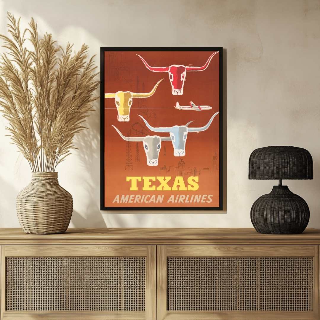 Vintage American Airlines "Texas" Travel Poster | Vertical Retro Longhorn Cattle & Skyline White Framed Wall Art 2 : 3 Vertical Premium Wall Art Canvas by MeriDeewar