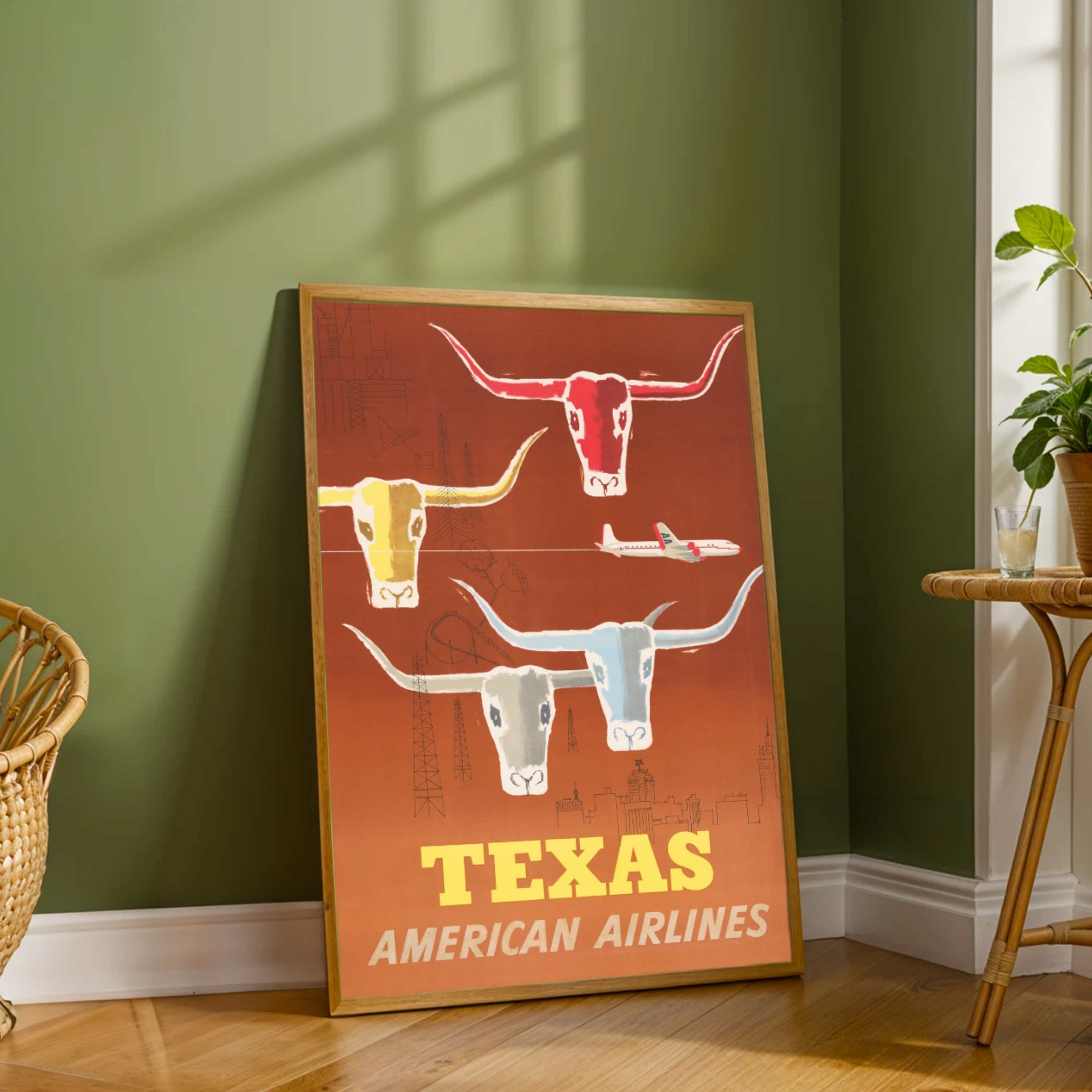 Vintage American Airlines "Texas" Travel Poster | Vertical Retro Longhorn Cattle & Skyline White Framed Wall Art 2 : 3 Vertical Premium Wall Art Canvas by MeriDeewar