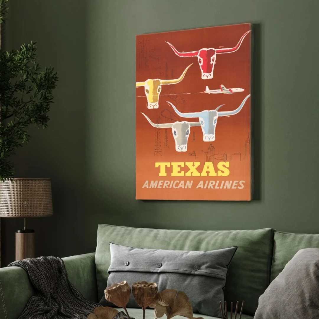 Vintage American Airlines "Texas" Travel Poster | Vertical Retro Longhorn Cattle & Skyline White Framed Wall Art 2 : 3 Vertical Premium Wall Art Canvas by MeriDeewar