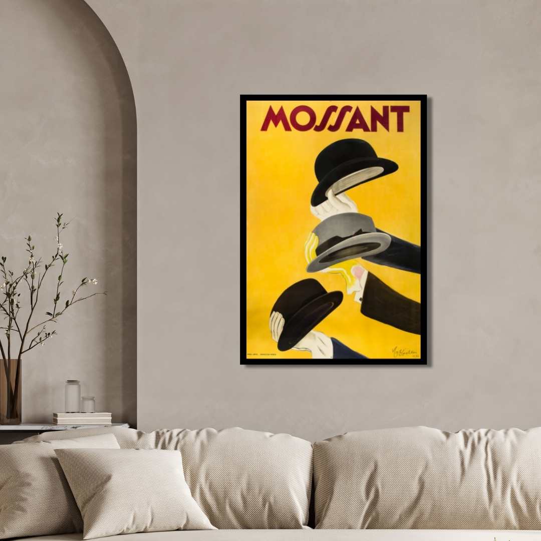 Vintage Art Deco French Mossant Hats Advertisement Illustration Poster | Vertical Retro White Framed Wall Art 2 : 3 Vertical Premium Wall Art Canvas by MeriDeewar