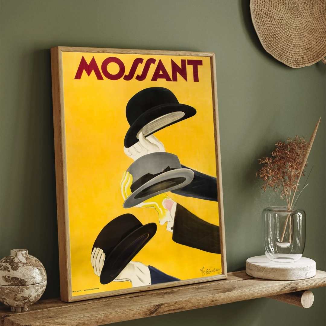 Vintage Art Deco French Mossant Hats Advertisement Illustration Poster | Vertical Retro White Framed Wall Art 2 : 3 Vertical Premium Wall Art Canvas by MeriDeewar