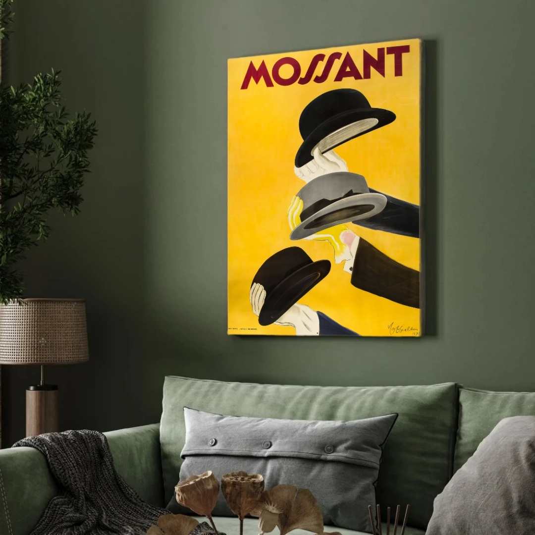 Vintage Art Deco French Mossant Hats Advertisement Illustration Poster | Vertical Retro White Framed Wall Art 2 : 3 Vertical Premium Wall Art Canvas by MeriDeewar