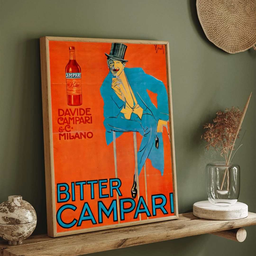 Vintage Art Deco Italian Marcello Nizzoli Bitter Campari Advertisement Poster | Vertical Retro White Framed Wall Art 2 : 3 Vertical Premium Wall Art Canvas by MeriDeewar