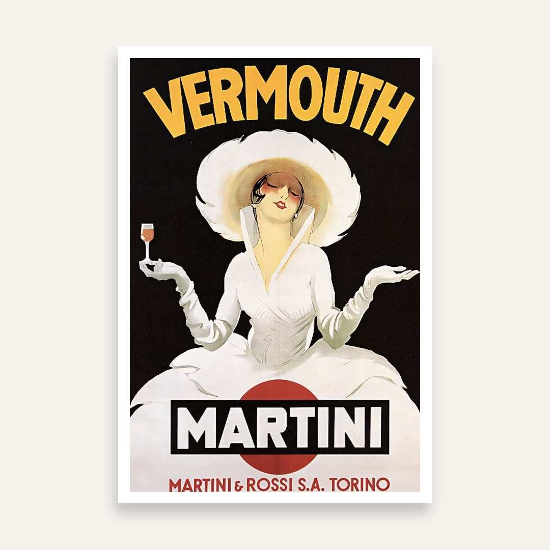 Vintage Art Deco Italian Martini & Rossi Vermouth Advertisement Illustration Poster | Vertical White Framed Wall Art 2 : 3 Vertical Premium Wall Art Canvas by MeriDeewar