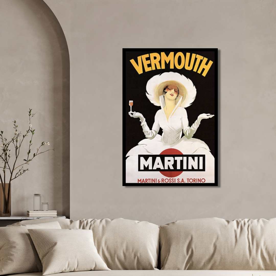 Vintage Art Deco Italian Martini & Rossi Vermouth Advertisement Illustration Poster | Vertical White Framed Wall Art 2 : 3 Vertical Premium Wall Art Canvas by MeriDeewar
