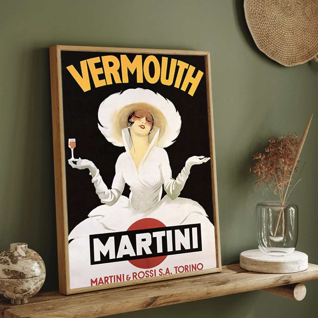 Vintage Art Deco Italian Martini & Rossi Vermouth Advertisement Illustration Poster | Vertical White Framed Wall Art 2 : 3 Vertical Premium Wall Art Canvas by MeriDeewar