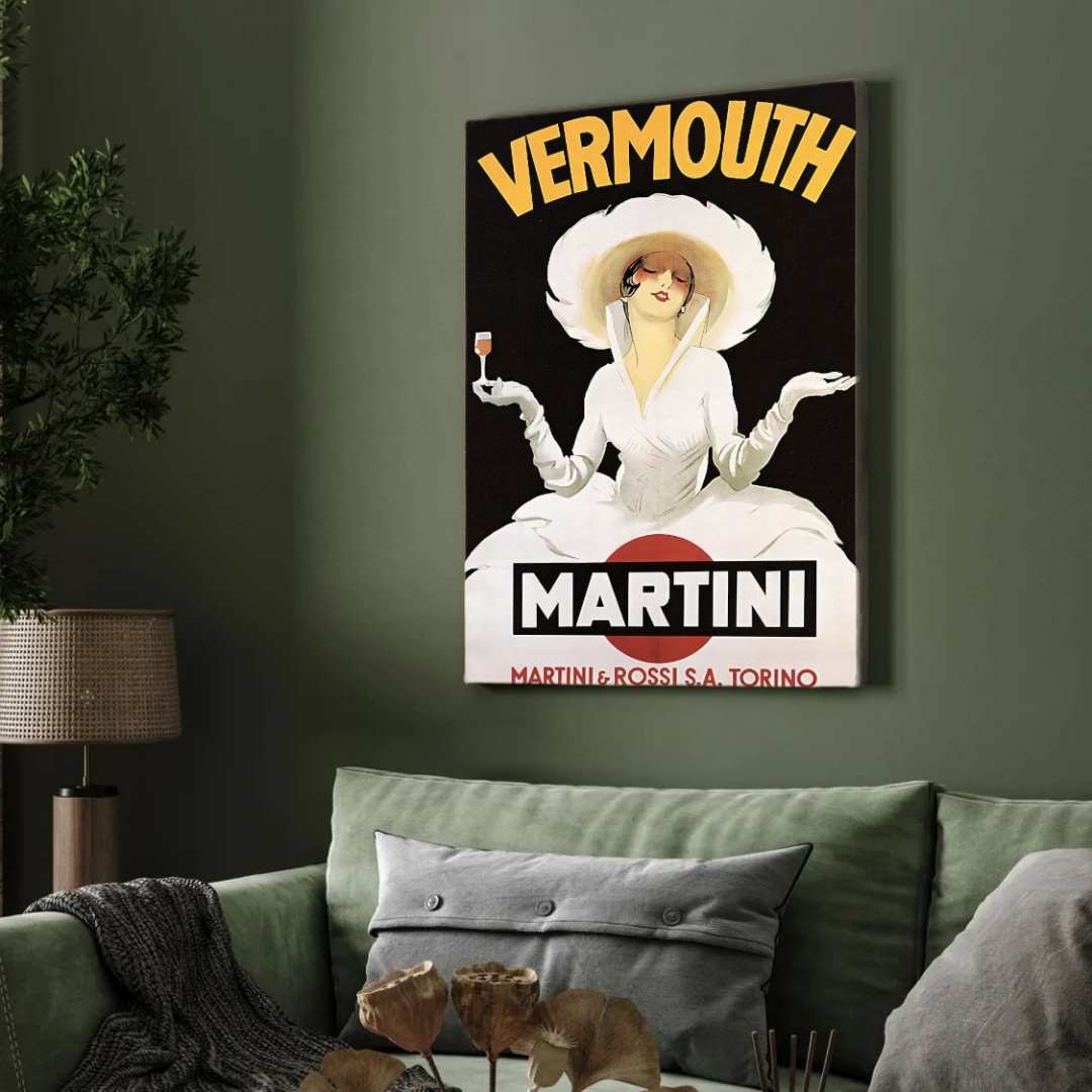 Vintage Art Deco Italian Martini & Rossi Vermouth Advertisement Illustration Poster | Vertical White Framed Wall Art 2 : 3 Vertical Premium Wall Art Canvas by MeriDeewar