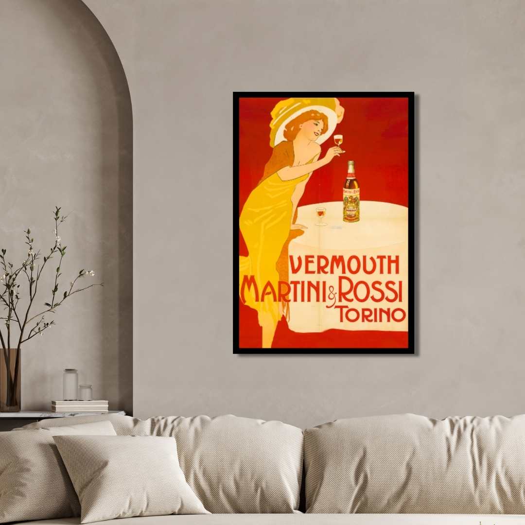 Vintage Art Deco Italian Red Martini & Rossi Vermouth Advertisement Illustration Poster | Vertical White Framed Wall Art 2 : 3 Vertical Premium Wall Art Canvas by MeriDeewar