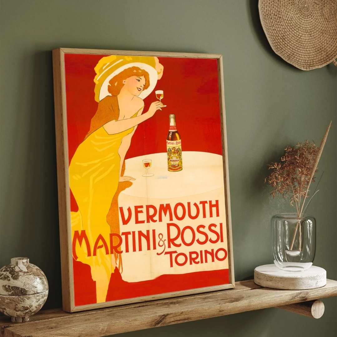 Vintage Art Deco Italian Red Martini & Rossi Vermouth Advertisement Illustration Poster | Vertical White Framed Wall Art 2 : 3 Vertical Premium Wall Art Canvas by MeriDeewar
