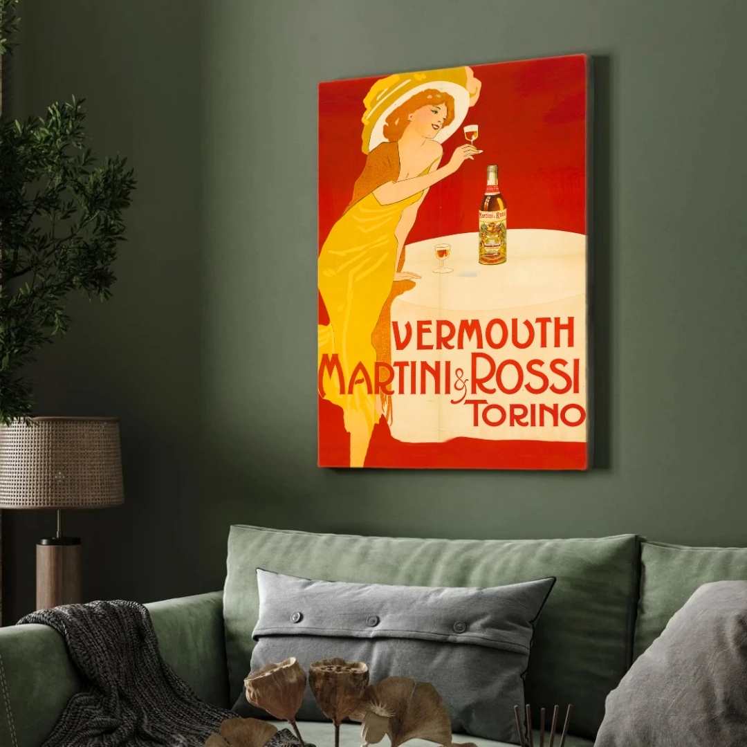 Vintage Art Deco Italian Red Martini & Rossi Vermouth Advertisement Illustration Poster | Vertical White Framed Wall Art 2 : 3 Vertical Premium Wall Art Canvas by MeriDeewar