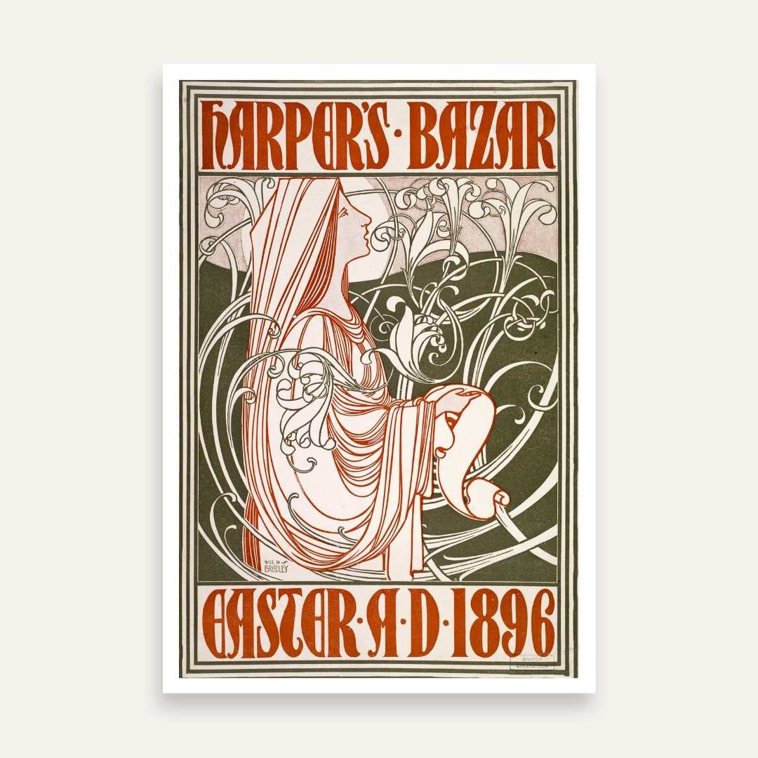 Vintage Art Nouveau Will H. Bradley Harper's Bazar Easter 1896 Illustration Poster | Vertical Retro White Framed Wall Art 2 : 3 Vertical Premium Wall Art Canvas by MeriDeewar