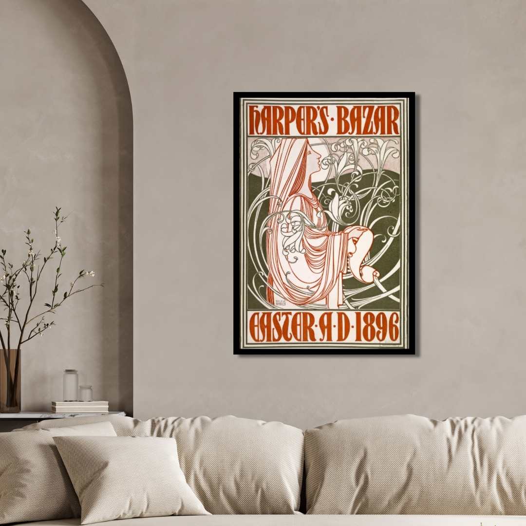 Vintage Art Nouveau Will H. Bradley Harper's Bazar Easter 1896 Illustration Poster | Vertical Retro White Framed Wall Art 2 : 3 Vertical Premium Wall Art Canvas by MeriDeewar