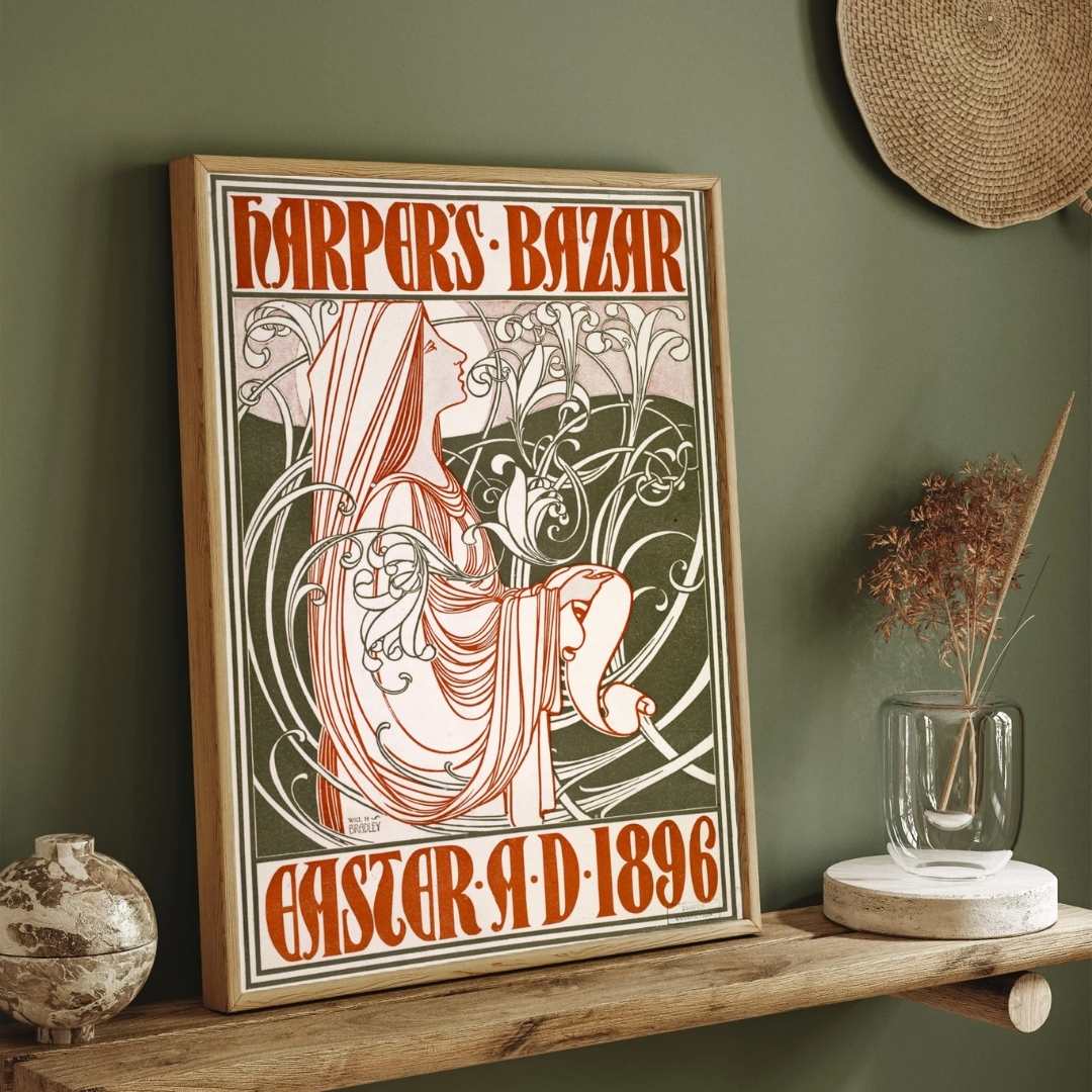 Vintage Art Nouveau Will H. Bradley Harper's Bazar Easter 1896 Illustration Poster | Vertical Retro White Framed Wall Art 2 : 3 Vertical Premium Wall Art Canvas by MeriDeewar