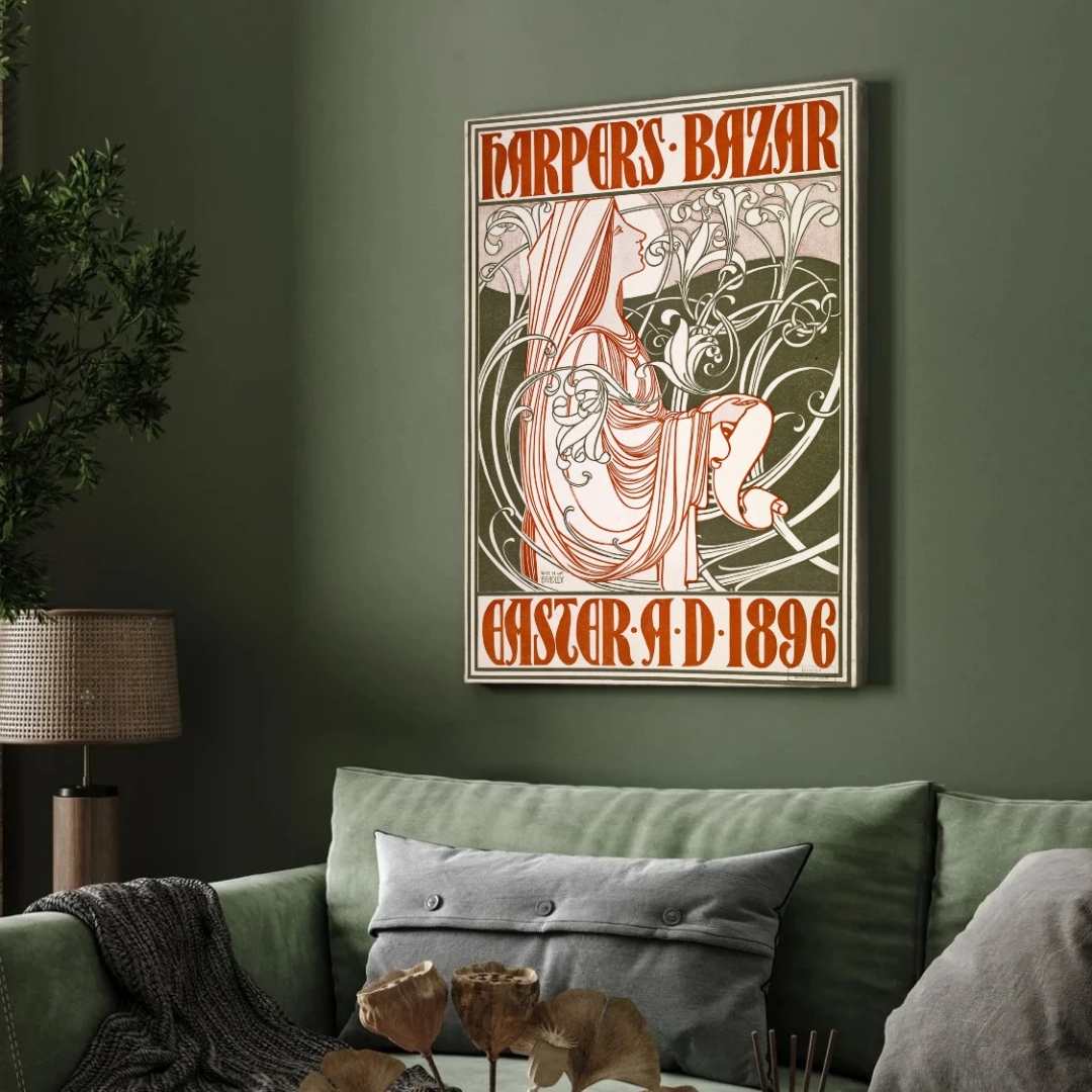 Vintage Art Nouveau Will H. Bradley Harper's Bazar Easter 1896 Illustration Poster | Vertical Retro White Framed Wall Art 2 : 3 Vertical Premium Wall Art Canvas by MeriDeewar