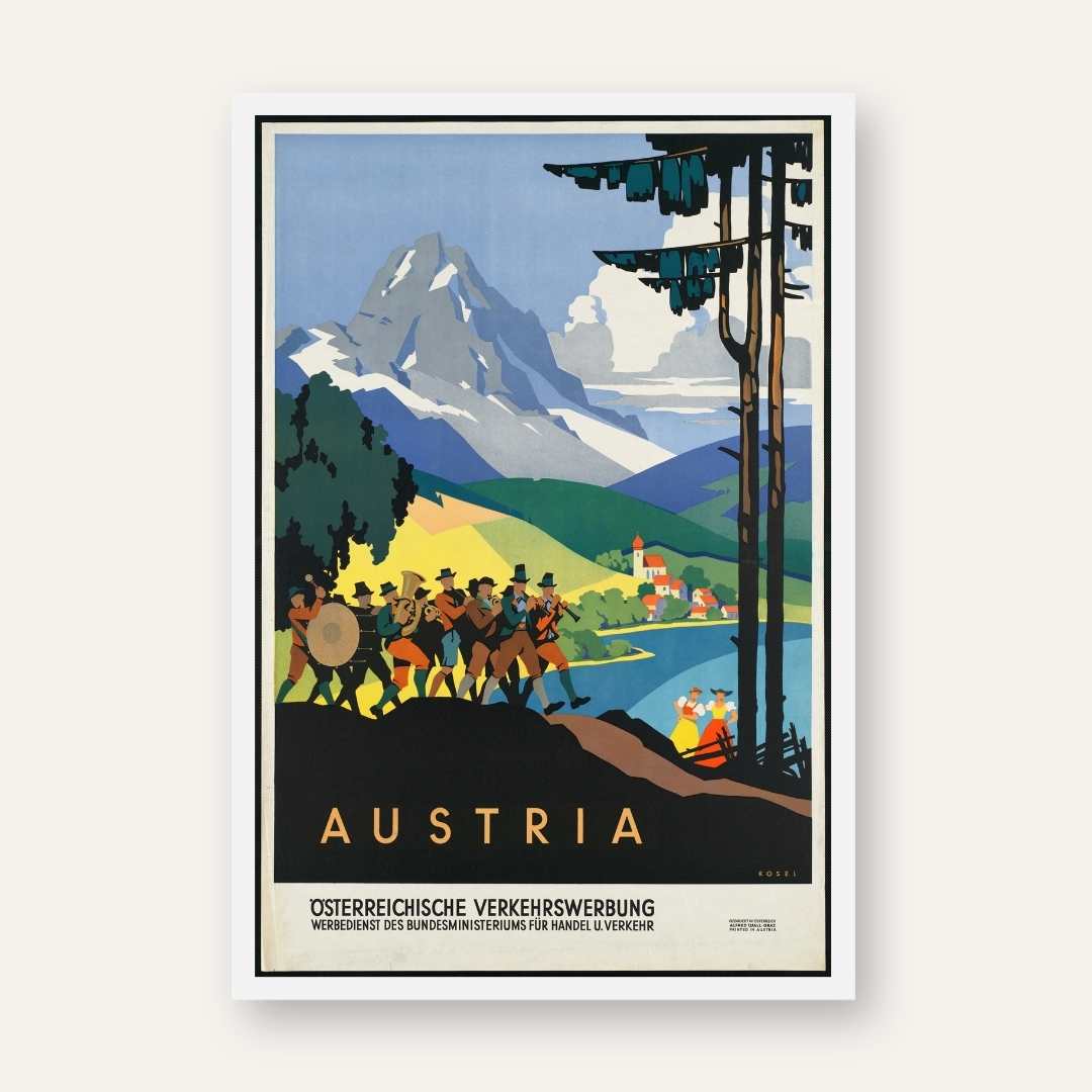 Vintage "Austria" Alpine Musician Procession Poster | Vertical Retro Mountain Landscape White Framed Wall Art 2 : 3 Vertical Premium Wall Art Canvas by MeriDeewar