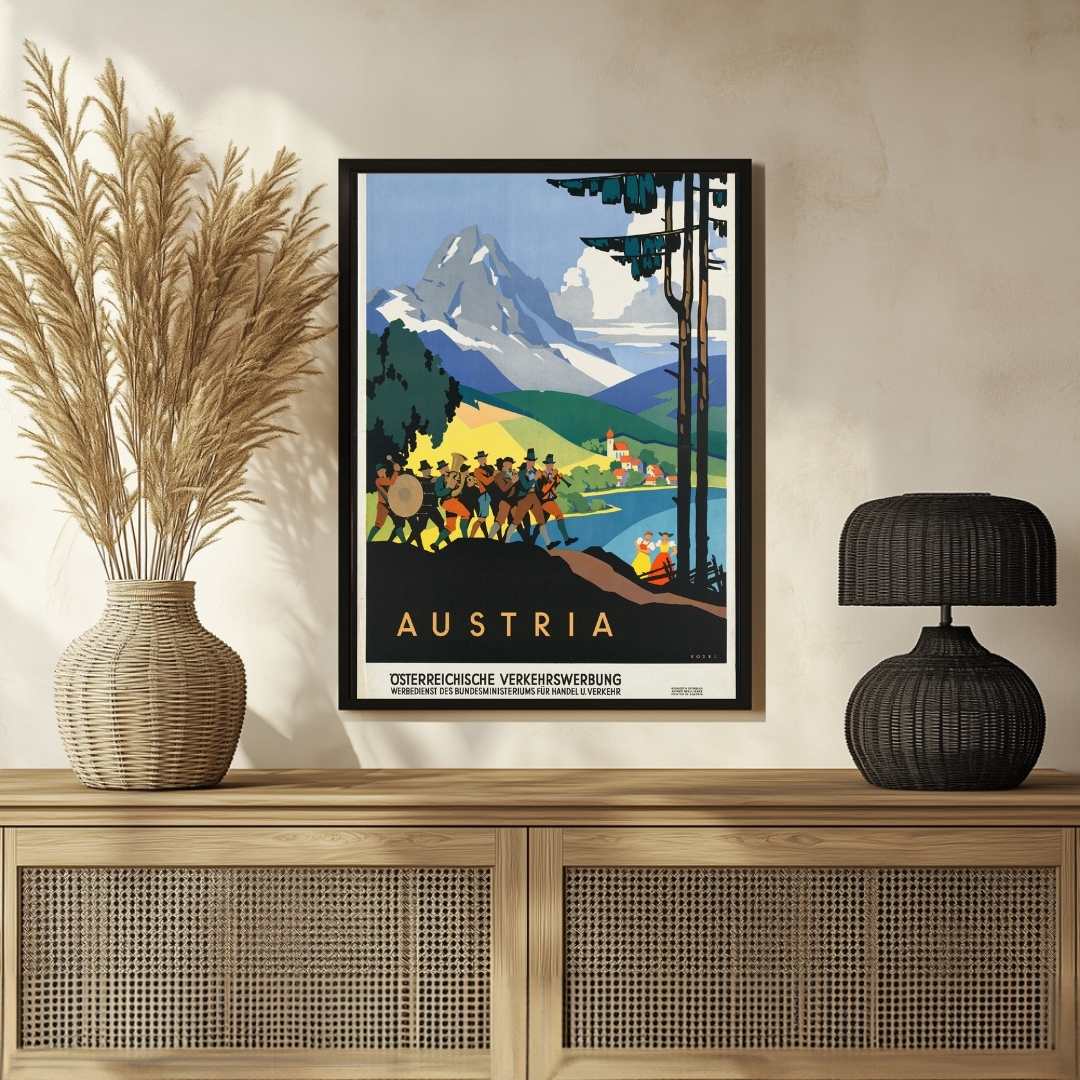 Vintage "Austria" Alpine Musician Procession Poster | Vertical Retro Mountain Landscape White Framed Wall Art 2 : 3 Vertical Premium Wall Art Canvas by MeriDeewar