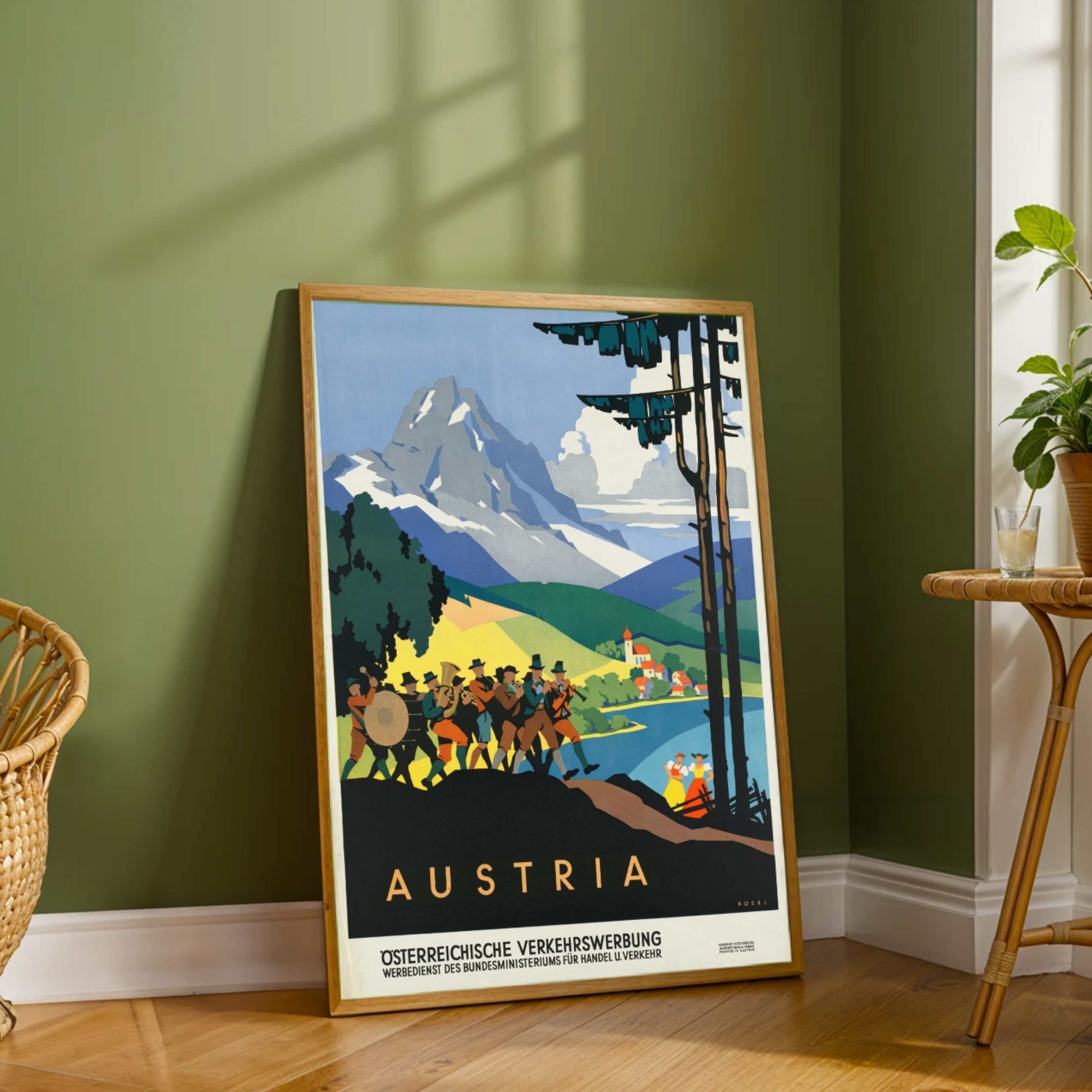 Vintage "Austria" Alpine Musician Procession Poster | Vertical Retro Mountain Landscape White Framed Wall Art 2 : 3 Vertical Premium Wall Art Canvas by MeriDeewar