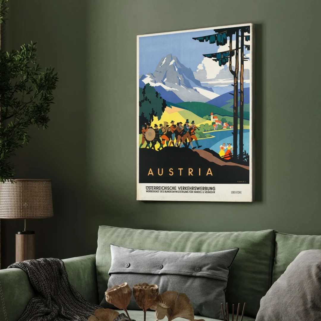 Vintage "Austria" Alpine Musician Procession Poster | Vertical Retro Mountain Landscape White Framed Wall Art 2 : 3 Vertical Premium Wall Art Canvas by MeriDeewar