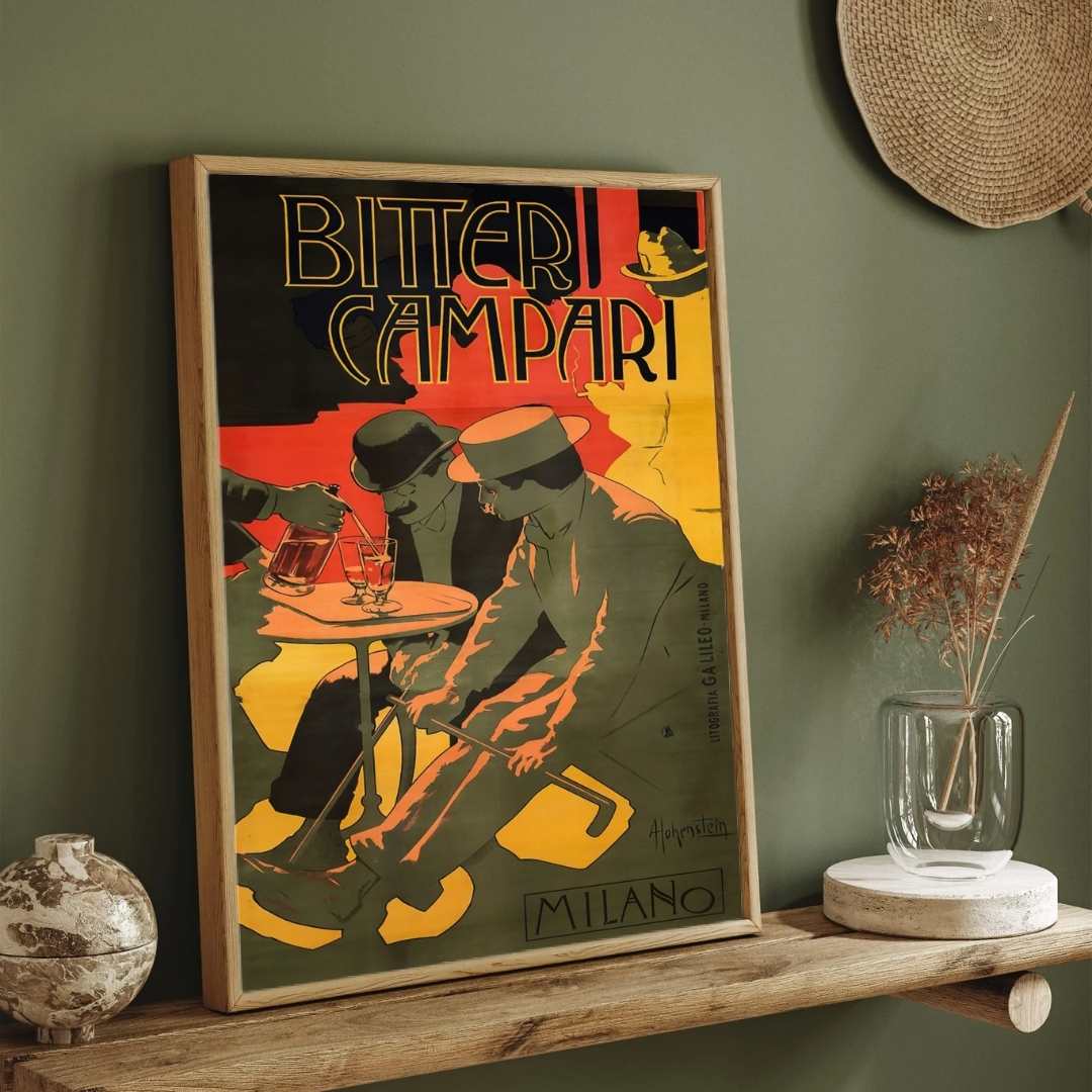 Vintage Belle Époque Adolf Hohenstein Bitter Campari Milano Poster | Vertical Retro White Framed Wall Art 2 : 3 Vertical Premium Wall Art Canvas by MeriDeewar