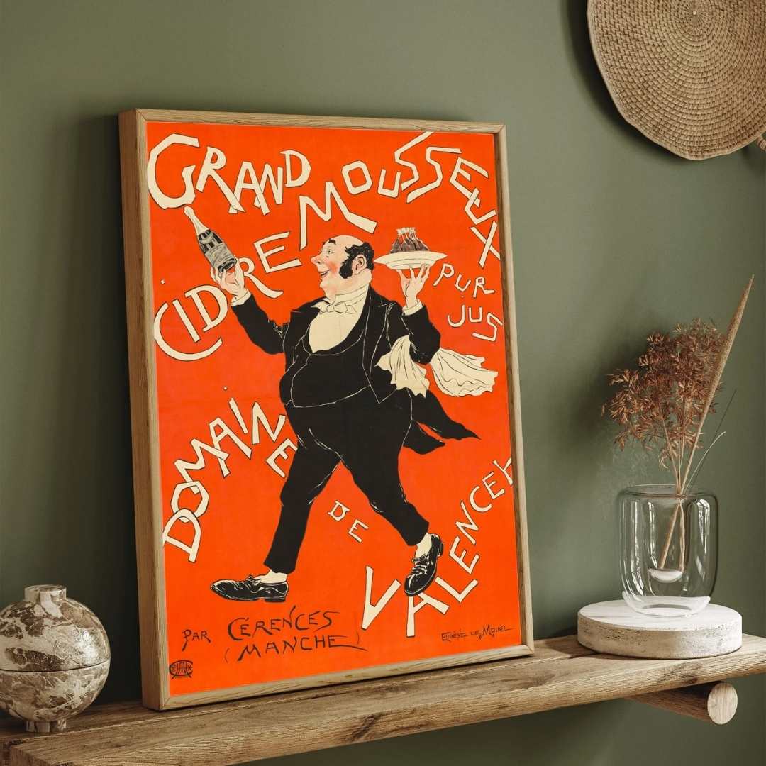 Vintage Belle Époque French Cidre Mousseux Domaines de Valencey Illustration Poster | Vertical Retro White Framed Wall Art 2 : 3 Vertical Premium Wall Art Canvas by MeriDeewar