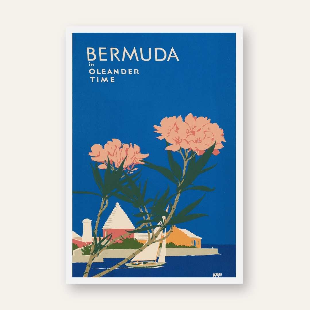 Vintage "Bermuda in Oleander Time" Travel Poster | Vertical Retro Coastal Sailboat White Framed Wall Art 2 : 3 Vertical Premium Wall Art Canvas by MeriDeewar