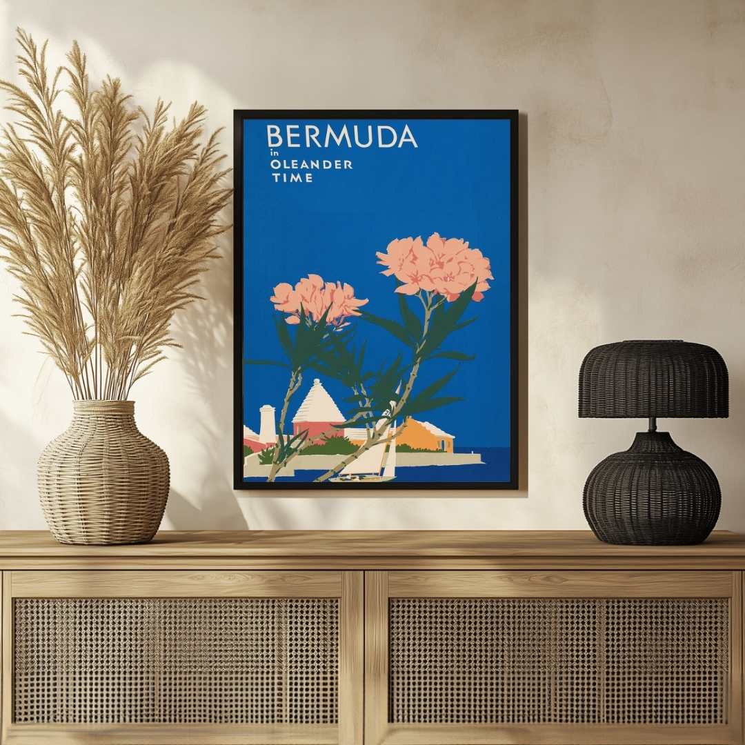 Vintage "Bermuda in Oleander Time" Travel Poster | Vertical Retro Coastal Sailboat White Framed Wall Art 2 : 3 Vertical Premium Wall Art Canvas by MeriDeewar