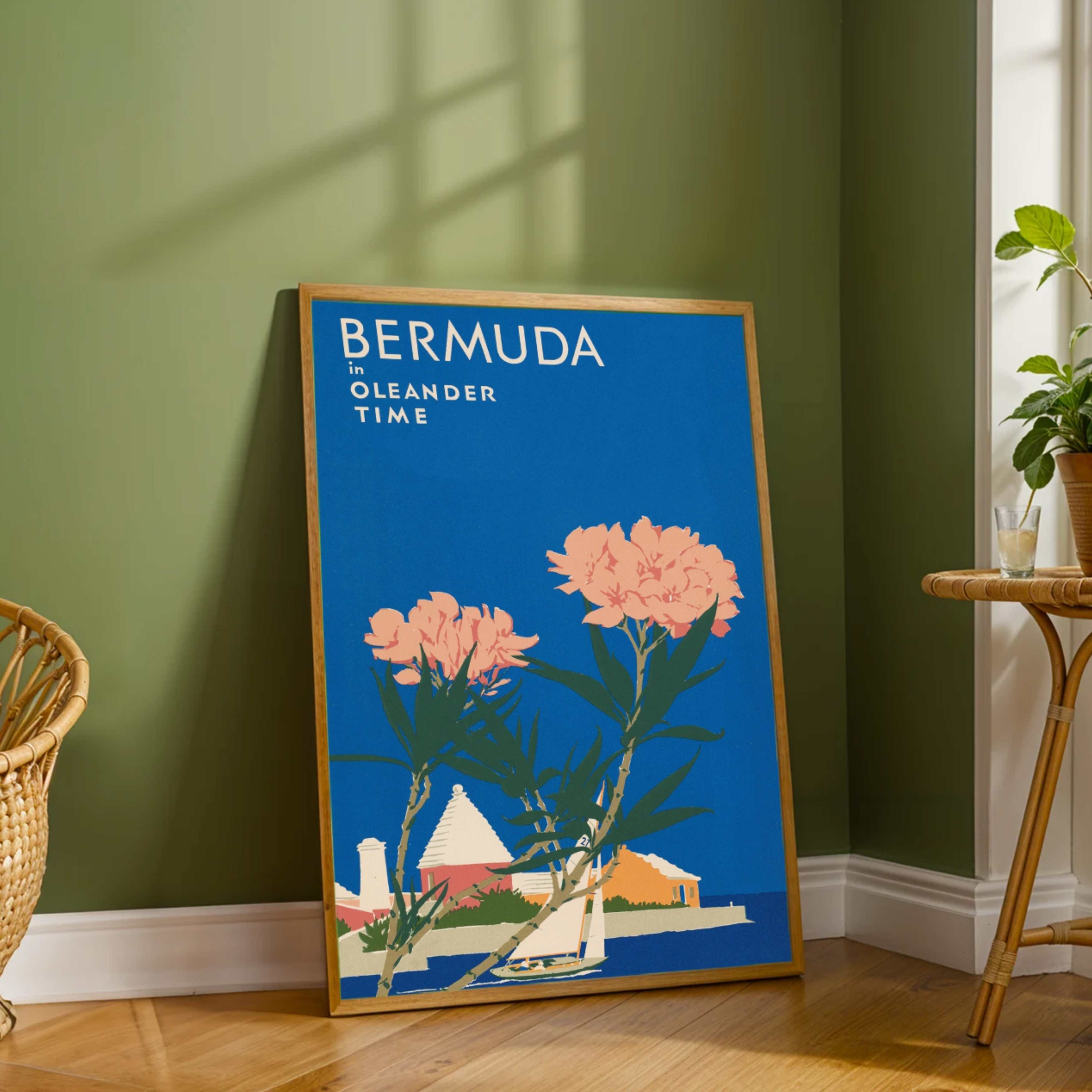 Vintage "Bermuda in Oleander Time" Travel Poster | Vertical Retro Coastal Sailboat White Framed Wall Art 2 : 3 Vertical Premium Wall Art Canvas by MeriDeewar
