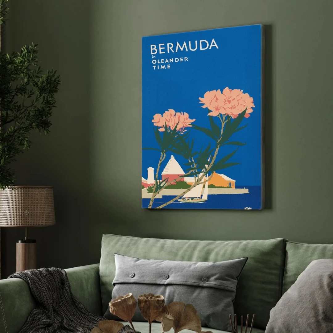 Vintage "Bermuda in Oleander Time" Travel Poster | Vertical Retro Coastal Sailboat White Framed Wall Art 2 : 3 Vertical Premium Wall Art Canvas by MeriDeewar