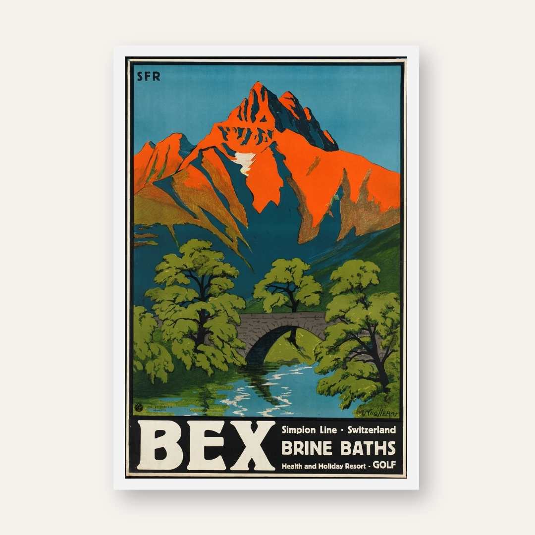 Vintage "Bex Brine Baths" Switzerland Travel Poster | Vertical Retro Alpine Mountain & Stone Bridge White Framed Wall Art 2 : 3 Vertical Premium Wall Art Canvas by MeriDeewar