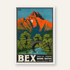 Vintage "Bex Brine Baths" Switzerland Travel Poster | Vertical Retro Alpine Mountain & Stone Bridge White Framed Wall Art 2 : 3 Vertical Premium Wall Art Canvas by MeriDeewar