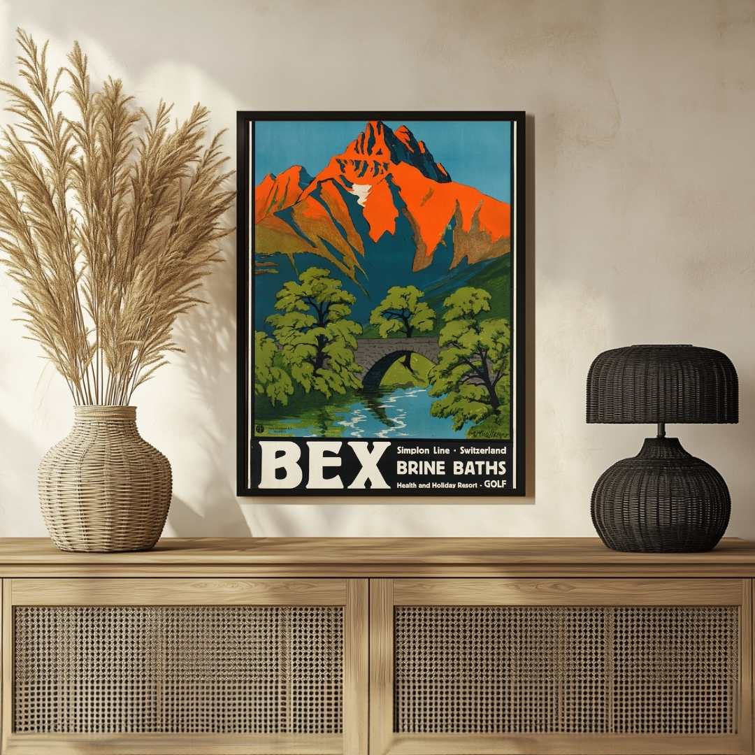 Vintage "Bex Brine Baths" Switzerland Travel Poster | Vertical Retro Alpine Mountain & Stone Bridge White Framed Wall Art 2 : 3 Vertical Premium Wall Art Canvas by MeriDeewar