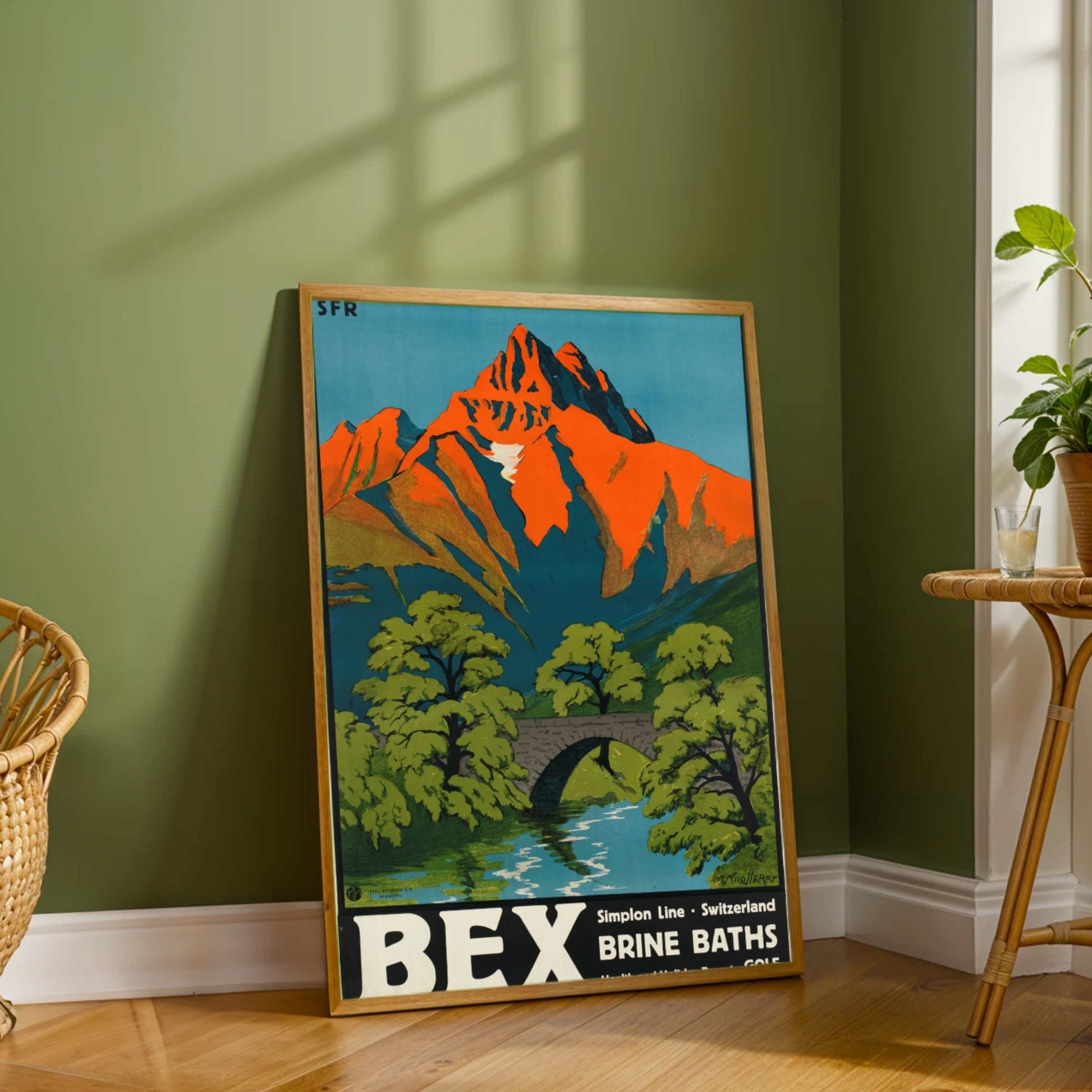 Vintage "Bex Brine Baths" Switzerland Travel Poster | Vertical Retro Alpine Mountain & Stone Bridge White Framed Wall Art 2 : 3 Vertical Premium Wall Art Canvas by MeriDeewar