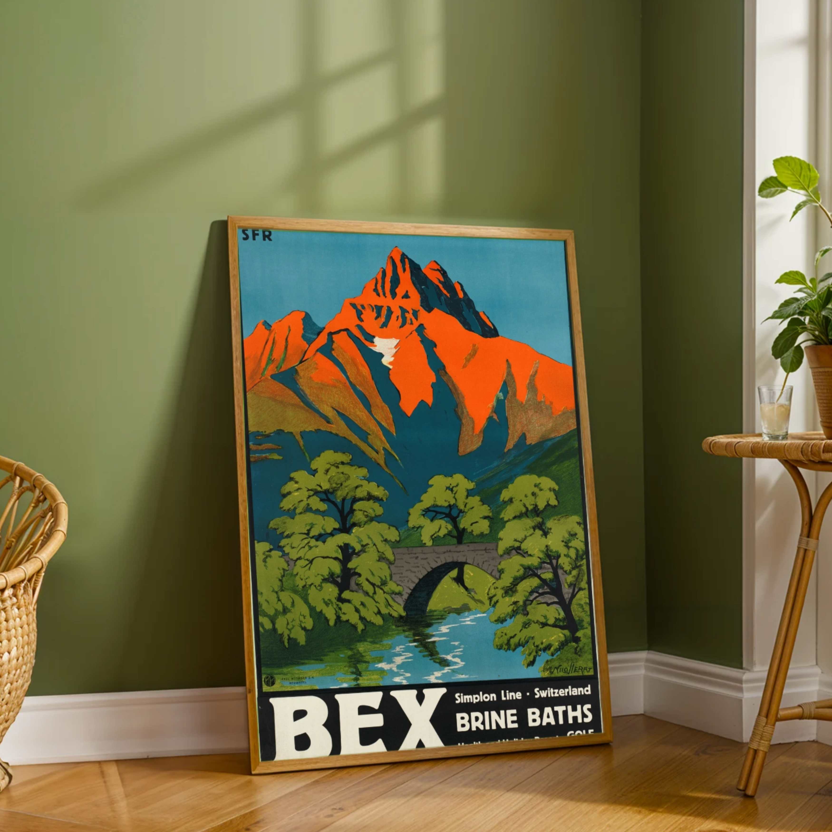 Vintage "Bex Brine Baths" Switzerland Travel Poster | Vertical Retro Alpine Mountain & Stone Bridge White Framed Wall Art 2 : 3 Vertical Premium Wall Art Canvas by MeriDeewar